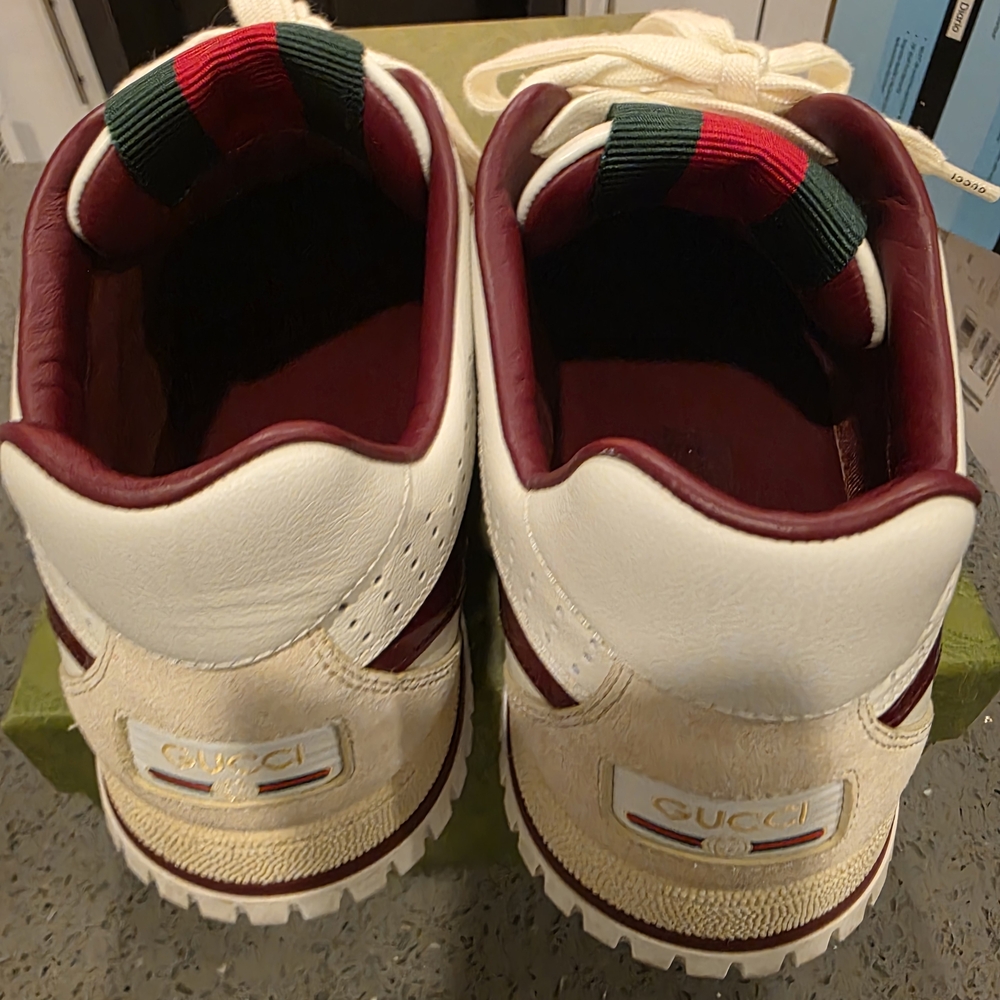GUCCI Re-Web Trainer White & Red Leather Sneakers 818002 Gucci Sz 8 Box & Dust - Picture 6 of 16